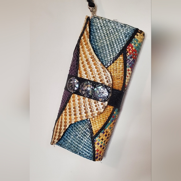 Vintage Colorful Straw Clutch with Abalone Shell Button Accents Wrist Strap - Picture 3 of 5